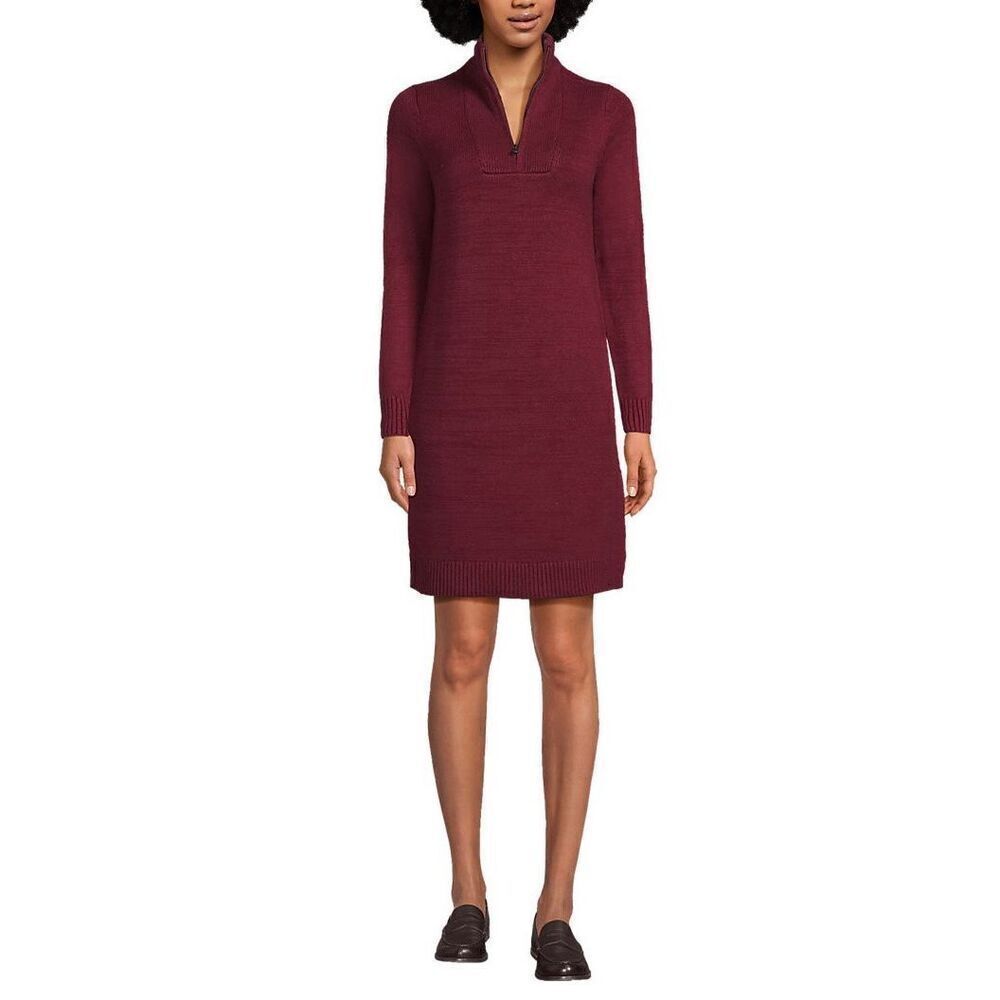 Lands’ End Womens Cozy Lofty Sweater Dress L Rich Burgundy Zipper Mockneck